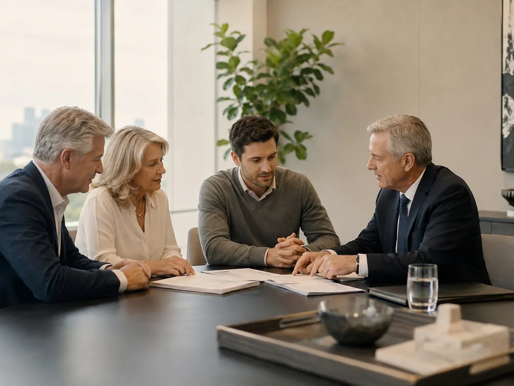 Professional fiduciaries coordinating responsibilities at a conference table