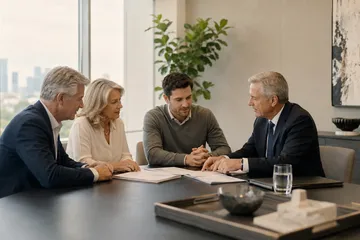 Professional fiduciaries coordinating responsibilities at a conference table