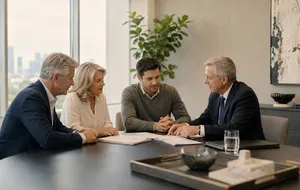 Professional fiduciaries coordinating responsibilities at a conference table