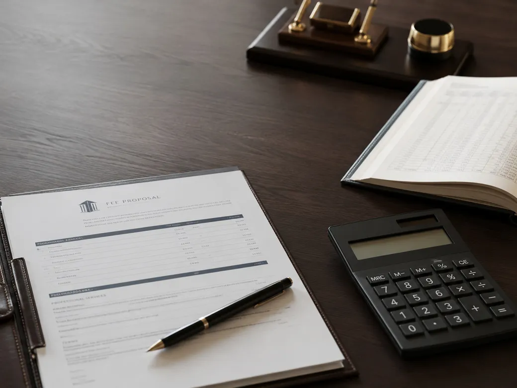 Fee proposal, calculator, and ledger arranged on a desk