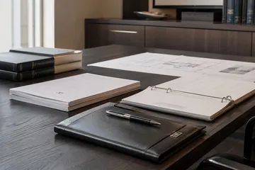 Estate-planning documents and binders arranged on a conference table
