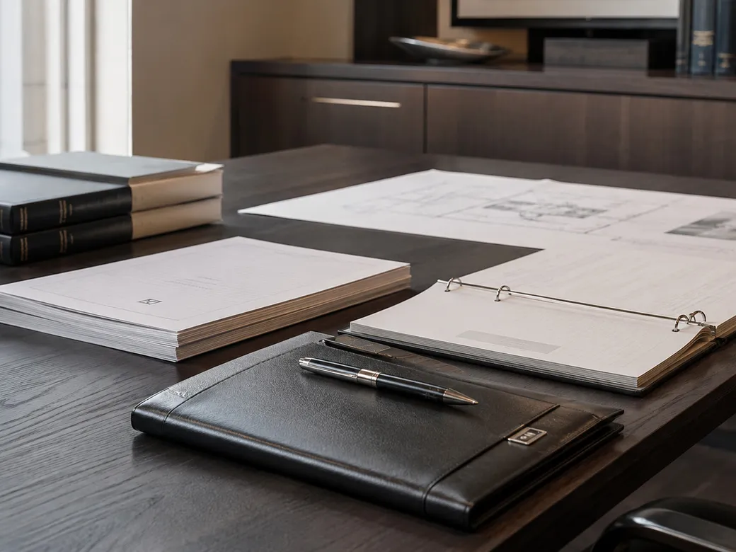 Estate-planning documents and binders arranged on a conference table