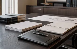 Estate-planning documents and binders arranged on a conference table